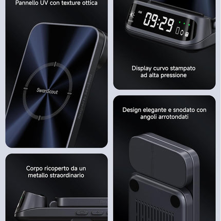 SwanScout Caricatore Wireless Universale – Modello 708A | Stazione di Ricarica 3 in 1 compatibile con tutti gli smartphone, inclusi iPhone, Samsung, Xiaomi e altri | Base di Ricarica per Tutti gli Smartwatch e Auricolari Wireless (Senza Adattatore)