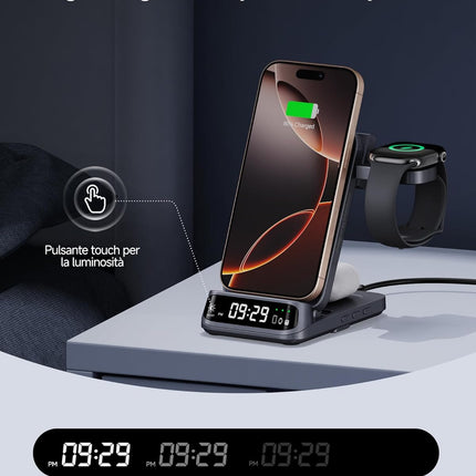 SwanScout Caricatore Wireless Universale – Modello 708A | Stazione di Ricarica 3 in 1 compatibile con tutti gli smartphone, inclusi iPhone, Samsung, Xiaomi e altri | Base di Ricarica per Tutti gli Smartwatch e Auricolari Wireless (Senza Adattatore)